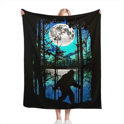 Bigfoot Silhouette Under Full Moon Blanket: Forest Mystery Design