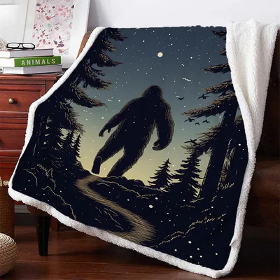 Bigfoot Walking Through Forest Blanket: Nighttime Silhouette Design