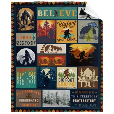 Believe in Bigfoot Collage Blanket: A Retro Sasquatch Patchwork Design