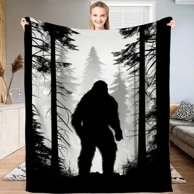 Bigfoot Silhouette in Forest Blanket: Sasquatch Mystery Design