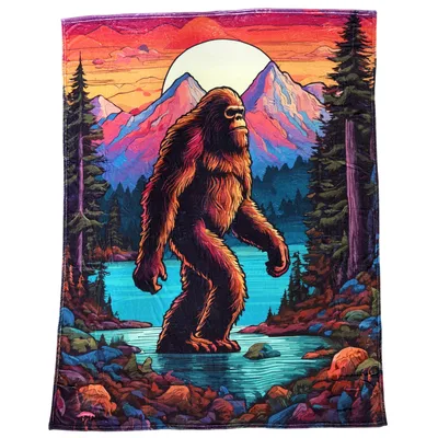 Bigfoot by Mountain River Blanket: Sasquatch in Neon Forest