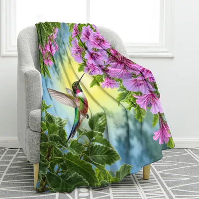 Pink Flower Blanket with a Hummingbird Scene, Soft and Bright