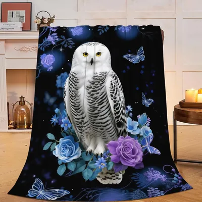 Snowy Owl Blanket with Blue Roses and Butterflies
