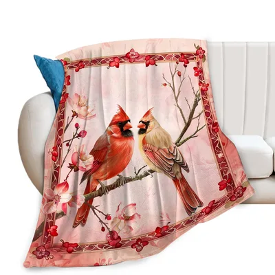 Cardinal Birds Blanket: Pink Floral Cardinal Pair Throw