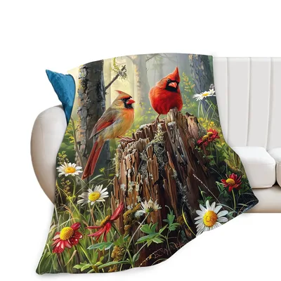 Cardinal Pair Blanket: Two Red Birds on a Mossy Stump
