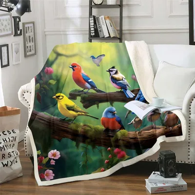 Bird Lover Blanket with Songbirds on a Mossy Branch
