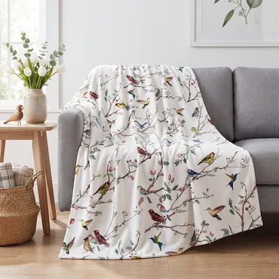 Birds Branches Floral Pattern Blanket: Nature-Inspired Throw Design
