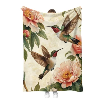 Hummingbirds and Peonies Blanket: Soft Floral Throw