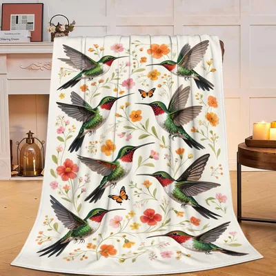 Hummingbirds with Orange Butterflies Blanket for Nature Lovers
