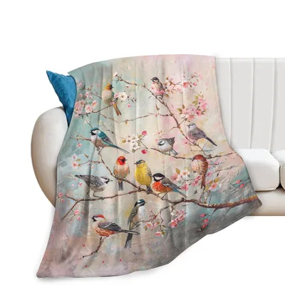 Cherry Blossom Bird Blanket for Nature Lovers