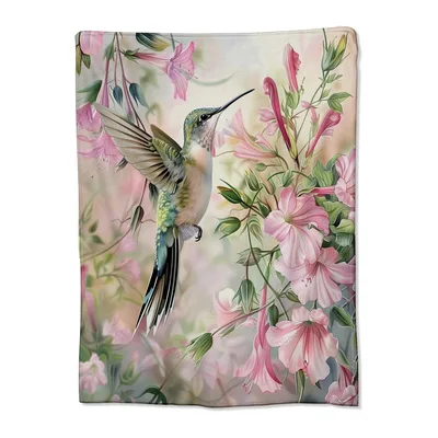 Pink Flowers Blanket: A Hummingbird Among Blossoms