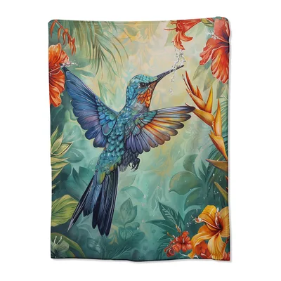 Tropical Hummingbird Blanket: Bold Blue Wings and Flowers