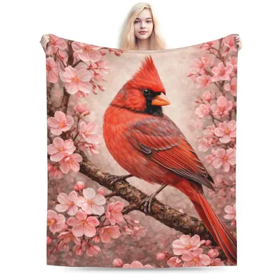 Red Cardinal on Cherry Blanket: Bird Floral Throw