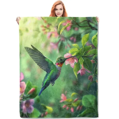 Pink Flower Hummingbird Blanket: Green Garden Print