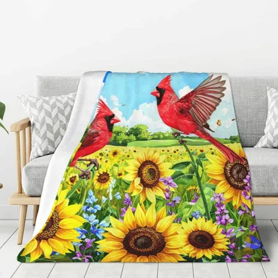 Red Cardinal Lover Blanket with Sunflowers and Birds