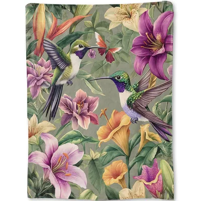 Hummingbirds Among Lilies Blanket: A Vibrant Floral and Bird Design