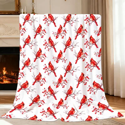 Crimson Cardinals on White Blanket: A Winter Throw