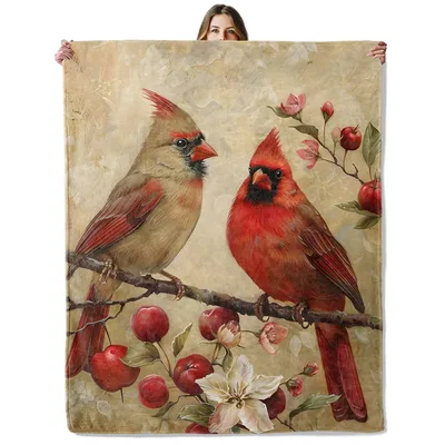Cardinal Couple Blanket: Two Red Birds on a Cherry Branch