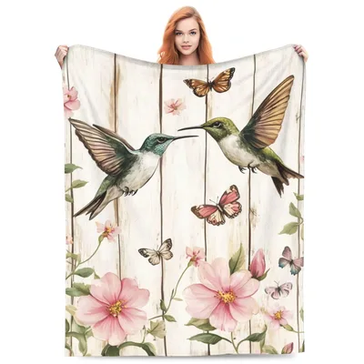 Hummingbirds and Pink Flowers Blanket: Retro Floral Bird Design