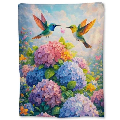 Hydrangea Flowers Blanket with Two Hummingbirds in Flight
