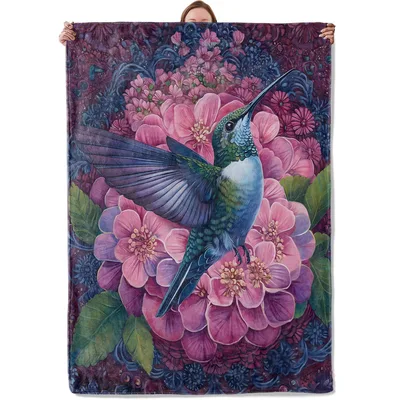 Hummingbird Floral Art Blanket: Vibrant Bird and Pink Flower Design