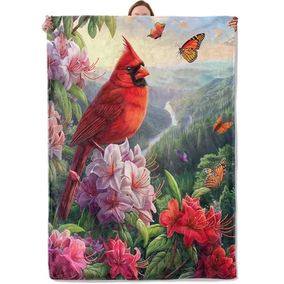 Cardinal and Butterflies Blanket: a red bird among blooms