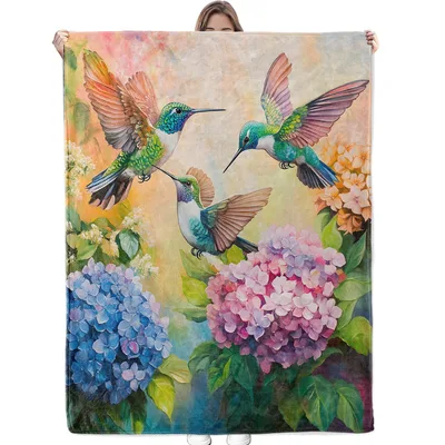Hydrangea Flower Blanket with Hummingbirds in Flight