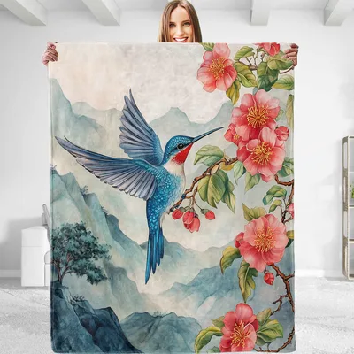 Camellia Flower Blanket with a Hummingbird in Flight