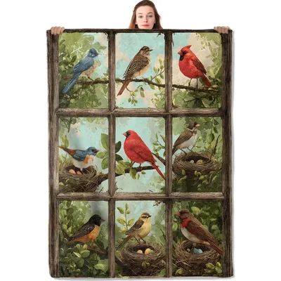 Birds Window Blanket: Six Songbirds Framed by an Old Pane