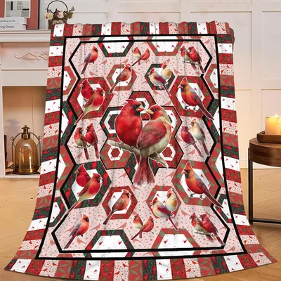 Red Cardinal Birds Pattern Blanket featuring a hexagonal quilt design