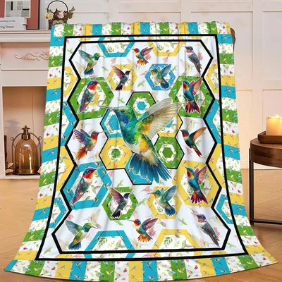 Hummingbirds in Hexagon Pattern Blanket: Vibrant Bird Art Design