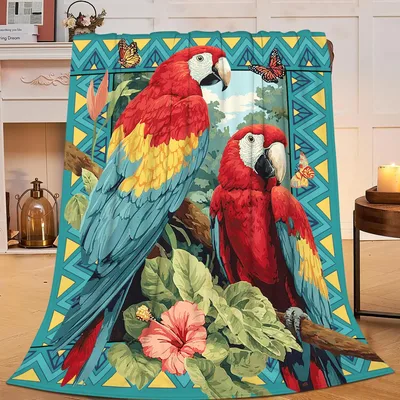 Macaw Parrots on Teal Blanket: Vibrant Tropical Art for Bird Lovers