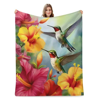 Hummingbirds Among Hibiscus Flowers Blanket features vibrant
