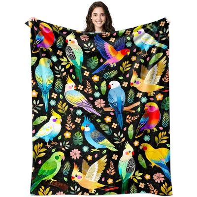 Colorful Parrots Pattern Blanket: Vibrant Birds on Black