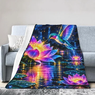 Hummingbird and Lotus Flowers Blanket: Neon Nature Art