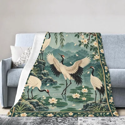 Cranes by Lake Landscape Blanket: Serene Asian Art Design