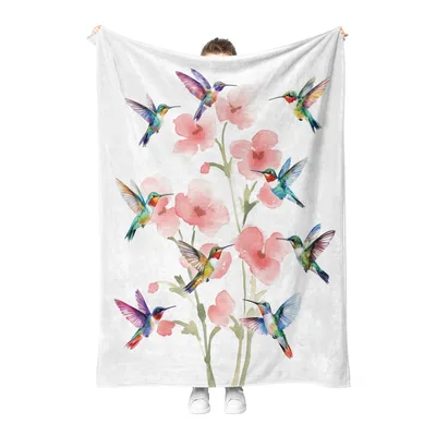 Hummingbirds and Pink Flowers Blanket: Watercolor Birds Design