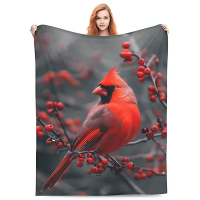 Northern Cardinal Bird Blanket: Vibrant Red Avian on Berry Branches