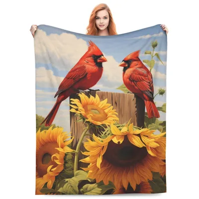 Red Cardinal Birds Blanket: Sunflower and Bird Art Design