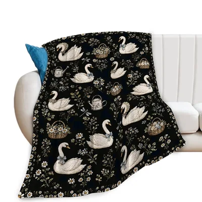 Black Swans Floral Pattern Blanket featuring vintage white swans