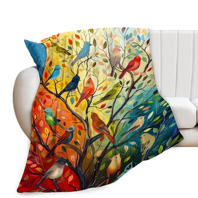 Colorful Birds in Tree Blanket