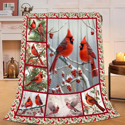 Cardinal Birds Patchwork Frame Blanket: Winter Red Bird Collage