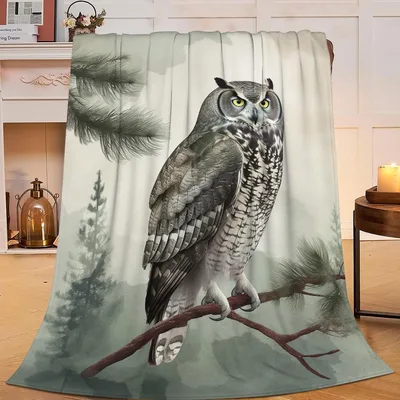 Great Horned Owl on Branch Blanket: Nature-Inspired Wildlife Art