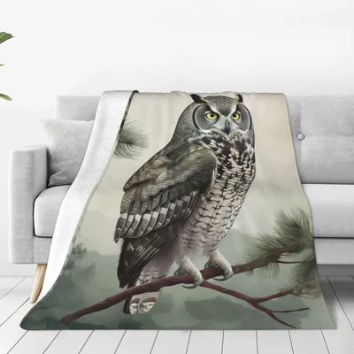 Great Horned Owl Blanket: Realistic Forest Perch Design