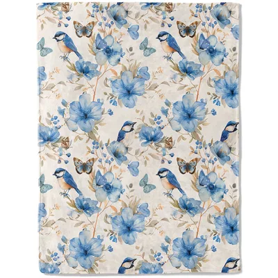 Bluebirds and Blue Flowers Blanket featuring watercolor blue birds