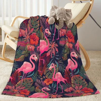 Tropical Flamingos and Palm Blanket: Vibrant Pink Birds and Leaves