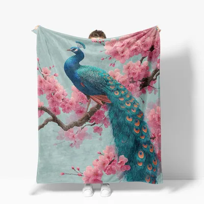 Peacock on Cherry Blossom Blanket: Vibrant Bird Art for Nature Lovers