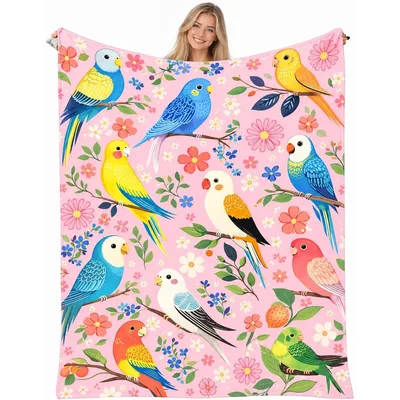 Colorful Birds on Pink Blanket: A Vibrant Avian Floral Design