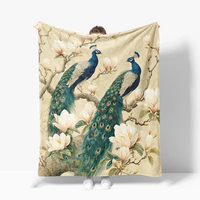 Peacock and Magnolia Flowers Blanket