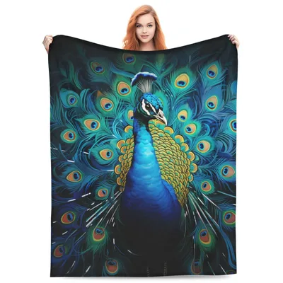 Peacock Feathers Blue Green Blanket: Vibrant Bird Art for Home Decor
